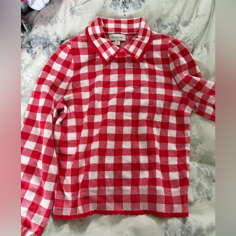 J.Crew Red & White Gingham Collared Knit Sweater